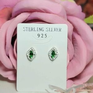 Sterling Silver 925 Marquise Emerald Green Halo Stud Earrings